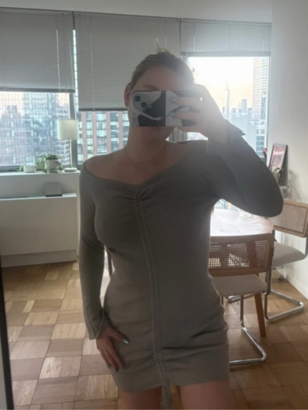 Ribbed Off-Shoulder Bodycon Mini Dress - Taupe